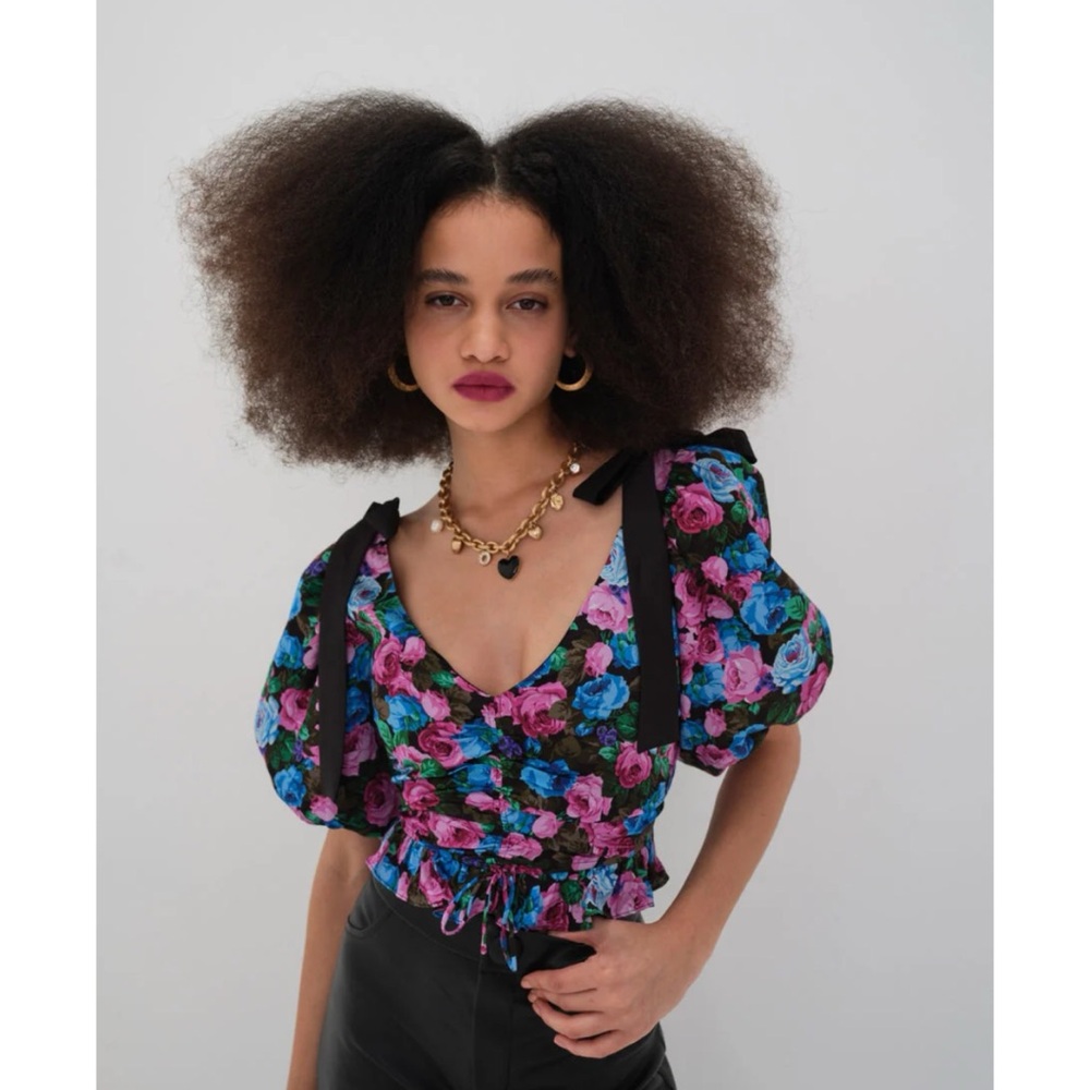 For Love & Lemons Maggie Floral Puff Sleeve Top Romantic Womens Blue Pink XS 154